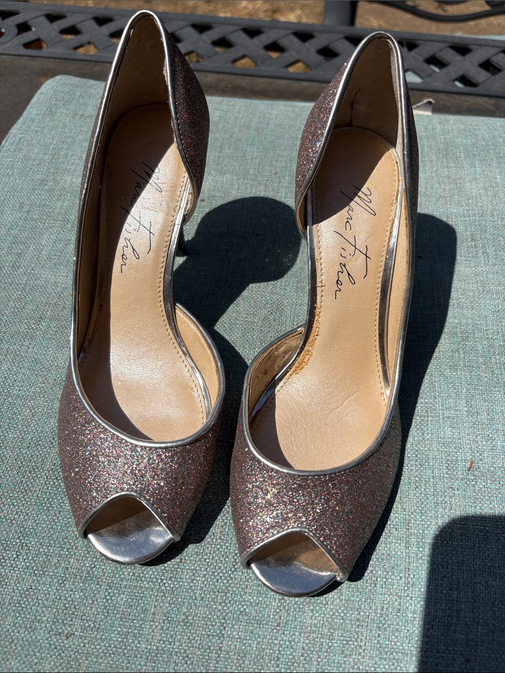 M. Gemi Glitter Peep-Toe Pumps in Metallic Brown